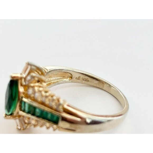 Green Emerald & CZ Wavy Vintage Sterling Silver Gold T Vermeil Ring - sz 10.25 - Picture 7 of 10